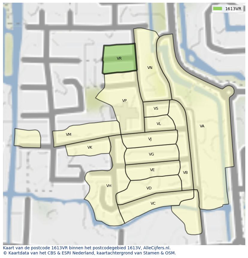 Afbeelding van het postcodegebied 1613 VR op de kaart.