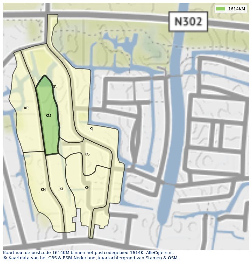 Afbeelding van het postcodegebied 1614 KM op de kaart.