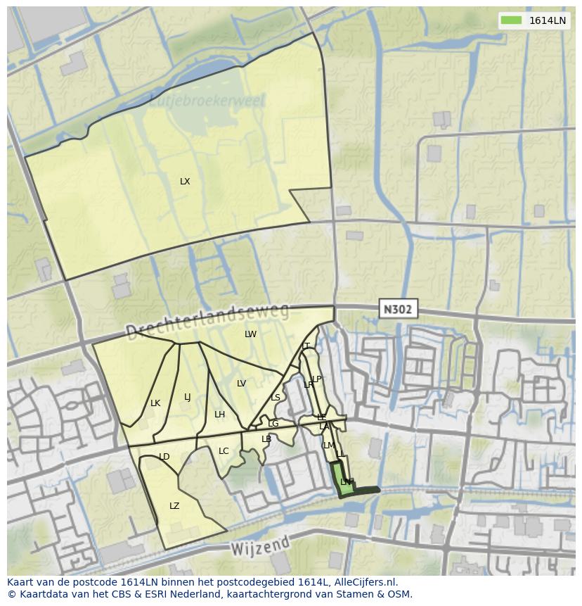 Afbeelding van het postcodegebied 1614 LN op de kaart.