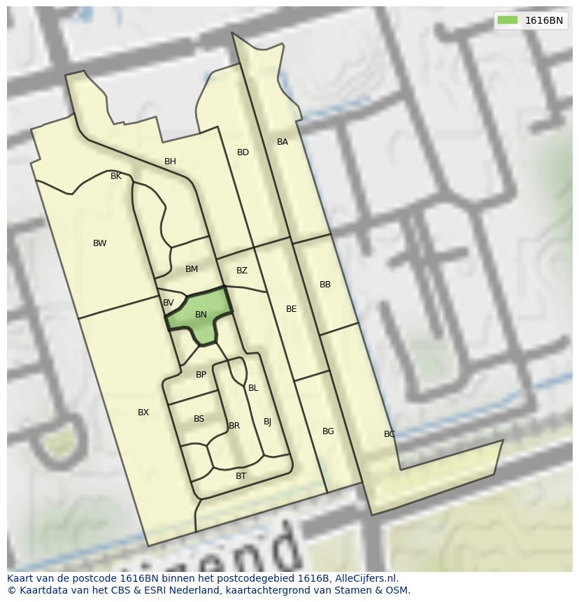 Afbeelding van het postcodegebied 1616 BN op de kaart.