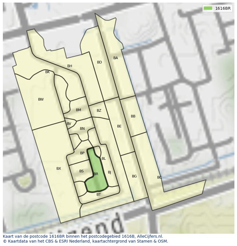 Afbeelding van het postcodegebied 1616 BR op de kaart.