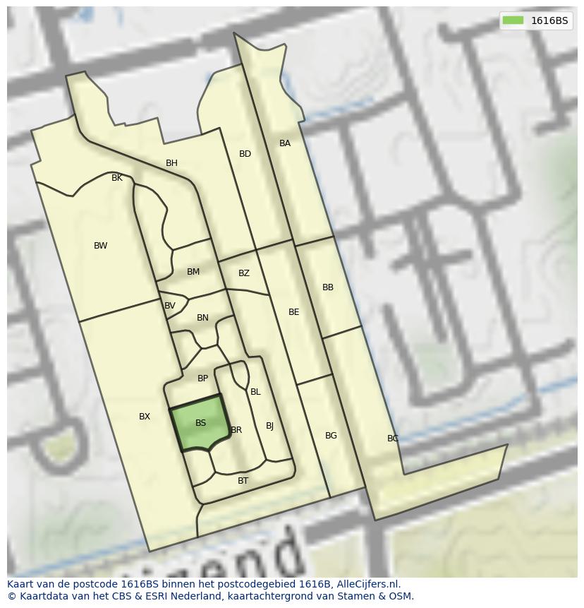 Afbeelding van het postcodegebied 1616 BS op de kaart.