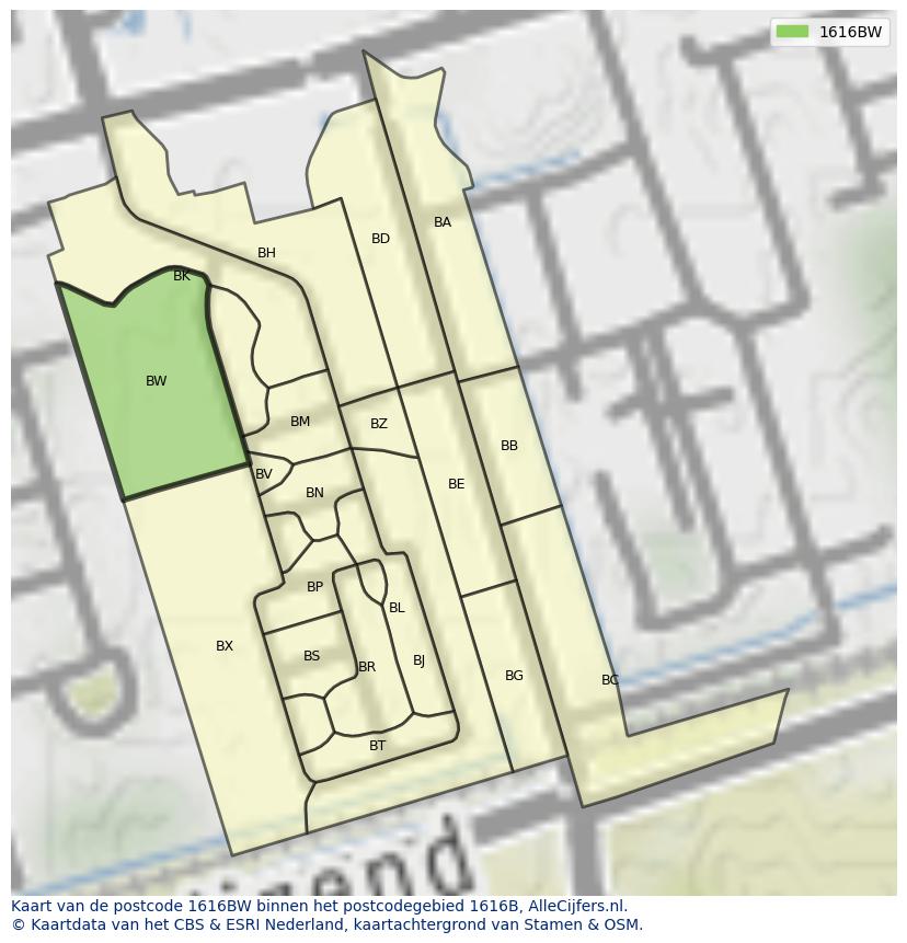 Afbeelding van het postcodegebied 1616 BW op de kaart.
