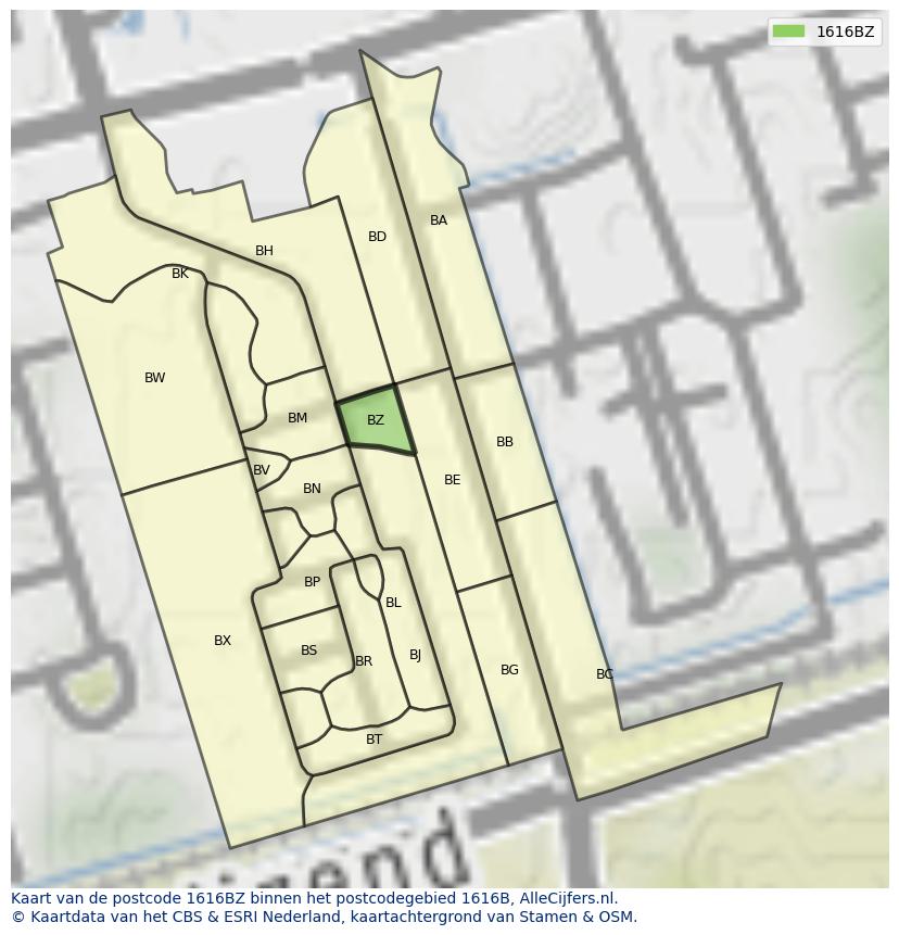 Afbeelding van het postcodegebied 1616 BZ op de kaart.