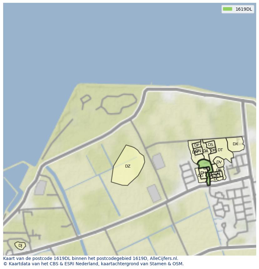 Afbeelding van het postcodegebied 1619 DL op de kaart.
