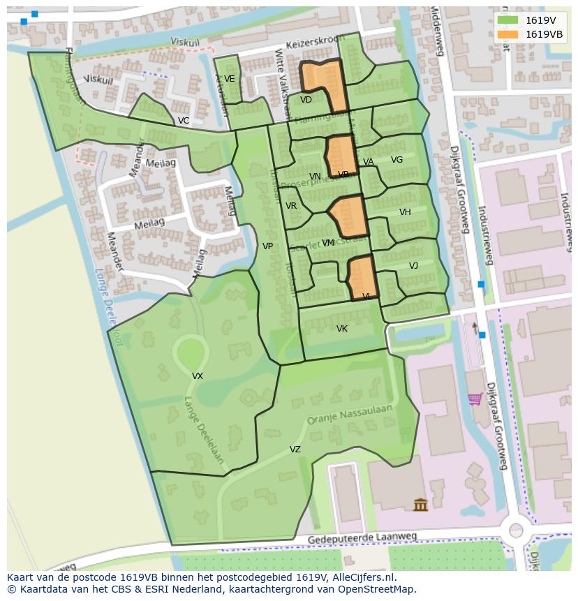 Afbeelding van het postcodegebied 1619 VB op de kaart.