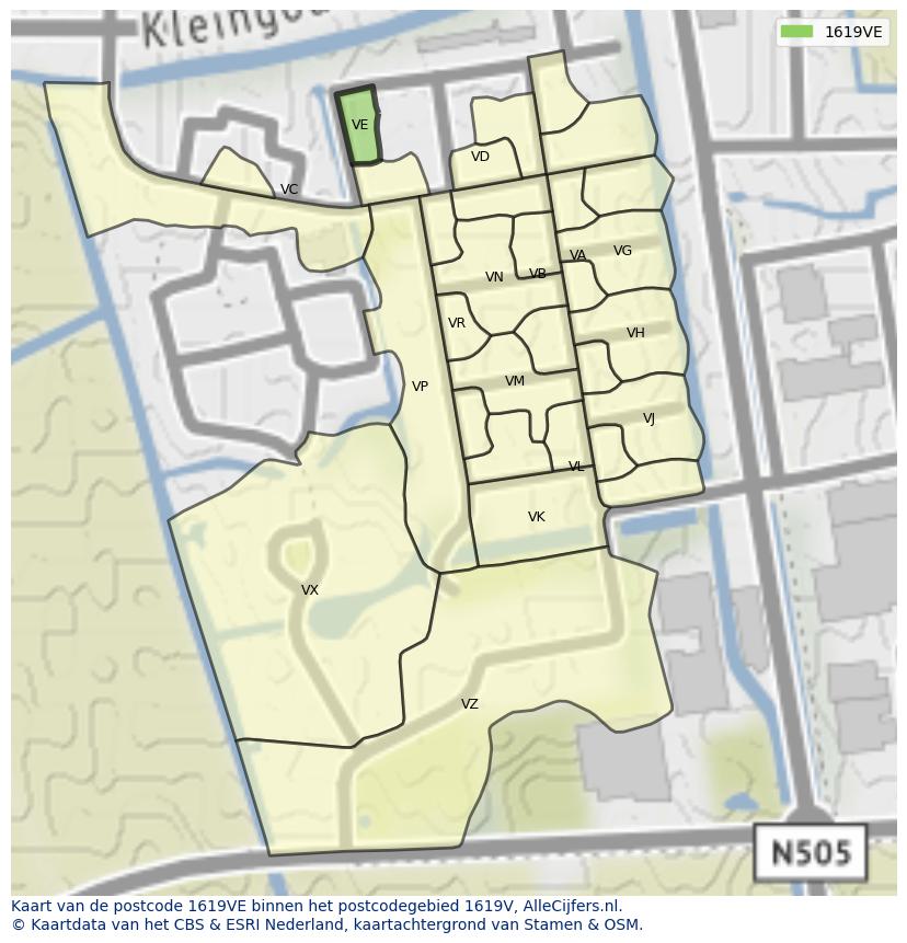 Afbeelding van het postcodegebied 1619 VE op de kaart.