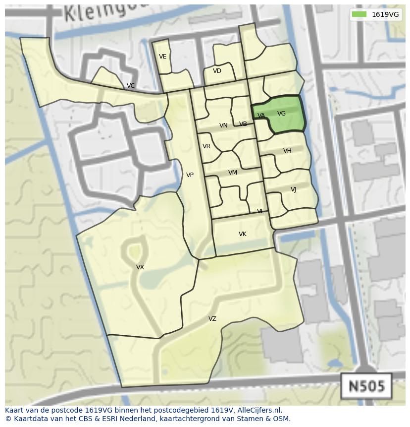 Afbeelding van het postcodegebied 1619 VG op de kaart.