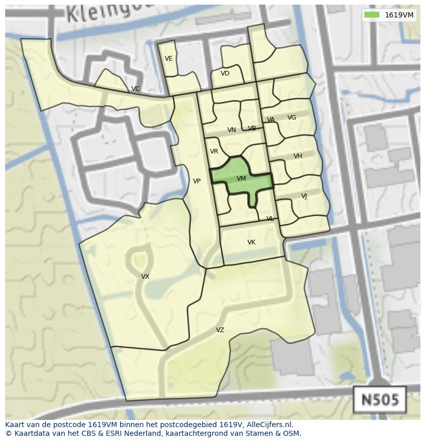 Afbeelding van het postcodegebied 1619 VM op de kaart.