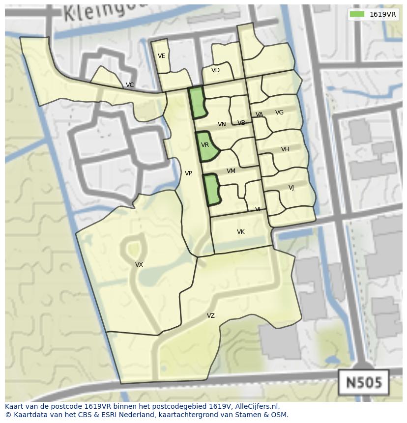 Afbeelding van het postcodegebied 1619 VR op de kaart.