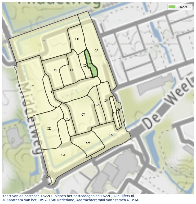 Afbeelding van het postcodegebied 1622 CC op de kaart.