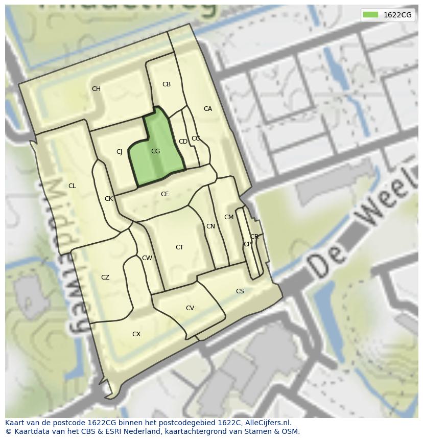 Afbeelding van het postcodegebied 1622 CG op de kaart.