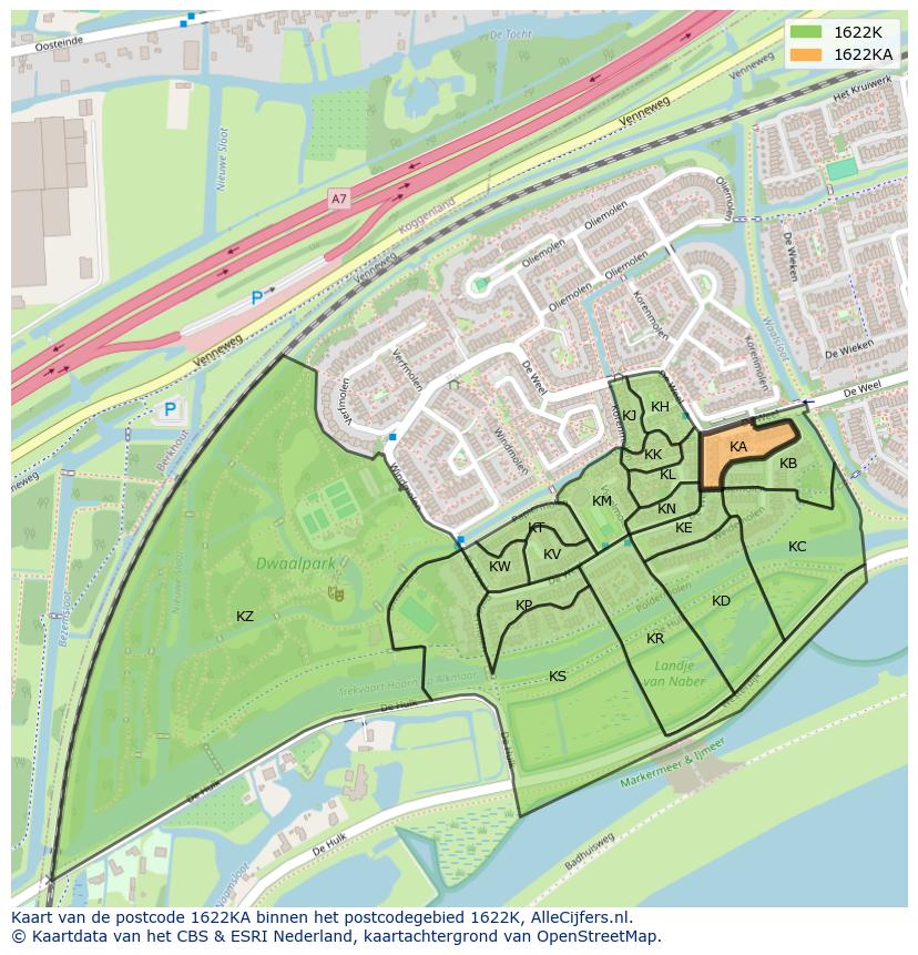 Afbeelding van het postcodegebied 1622 KA op de kaart.