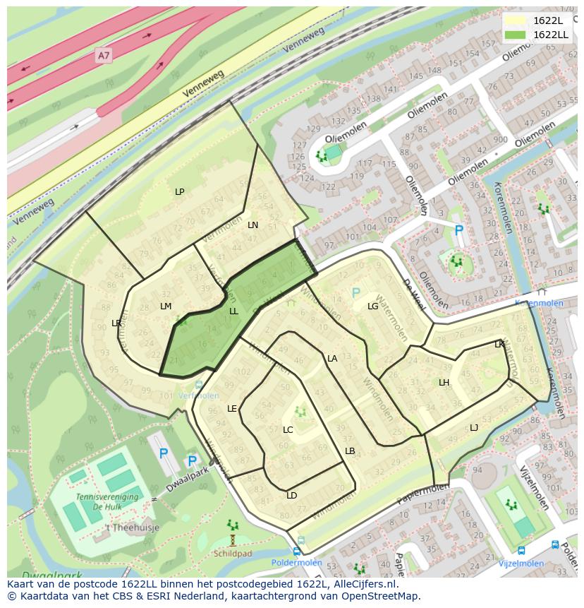 Afbeelding van het postcodegebied 1622 LL op de kaart.