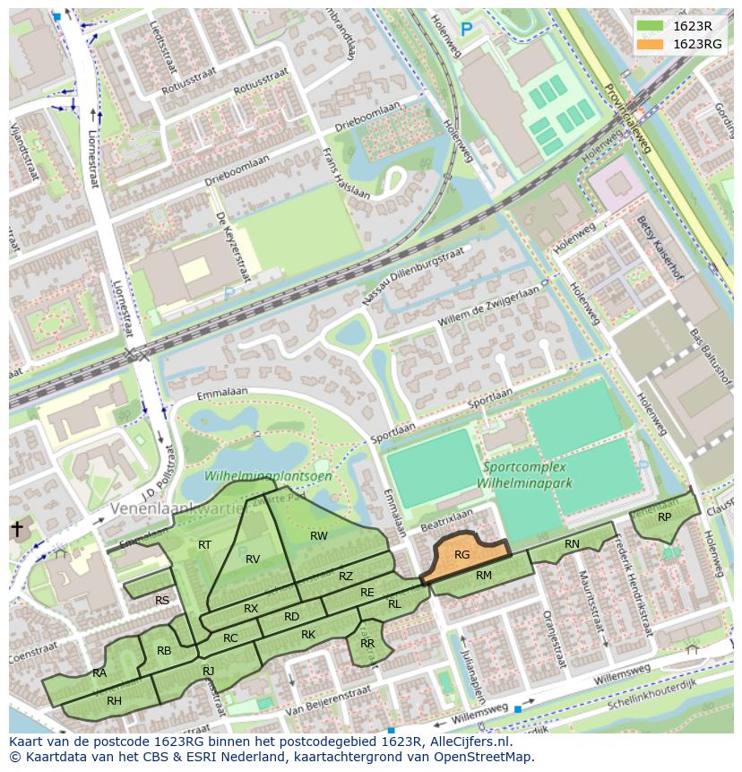 Afbeelding van het postcodegebied 1623 RG op de kaart.