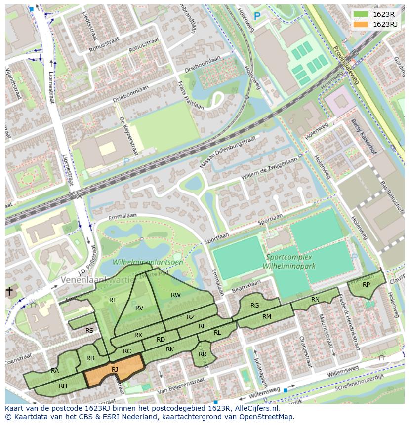 Afbeelding van het postcodegebied 1623 RJ op de kaart.