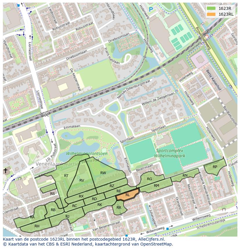 Afbeelding van het postcodegebied 1623 RL op de kaart.