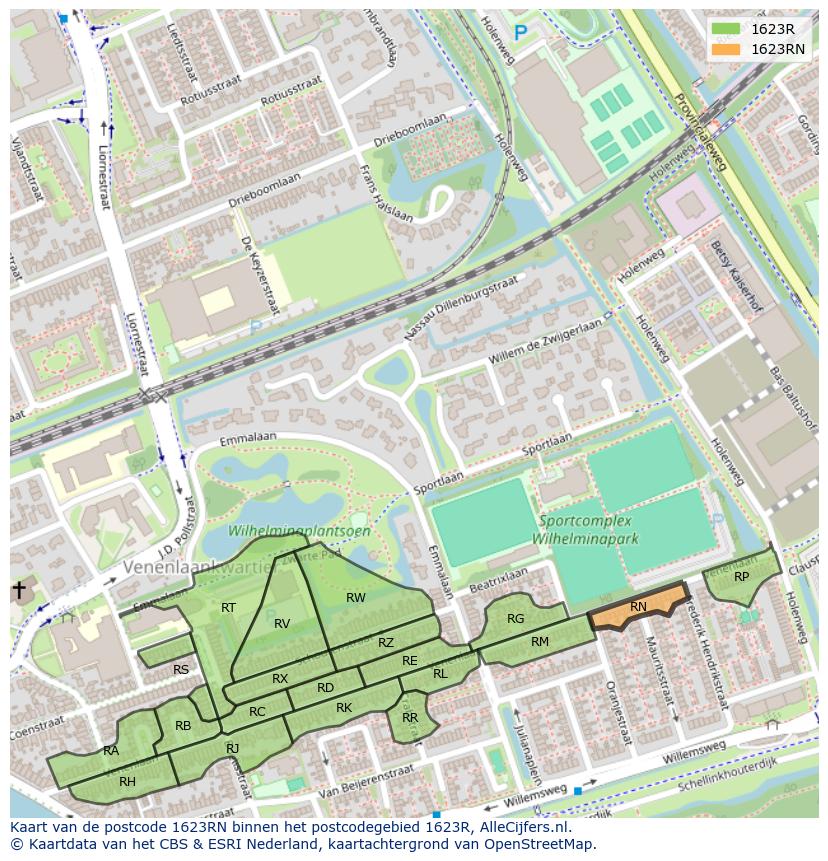 Afbeelding van het postcodegebied 1623 RN op de kaart.