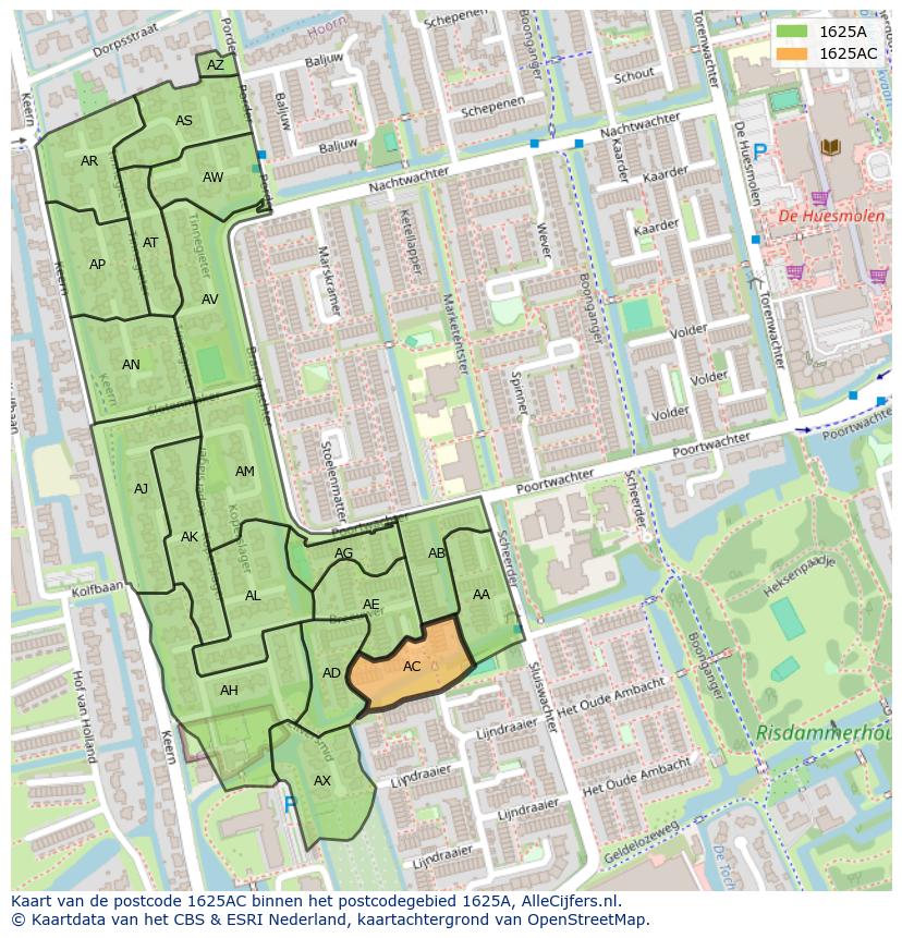 Afbeelding van het postcodegebied 1625 AC op de kaart.