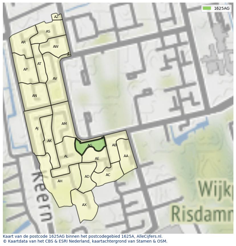 Afbeelding van het postcodegebied 1625 AG op de kaart.