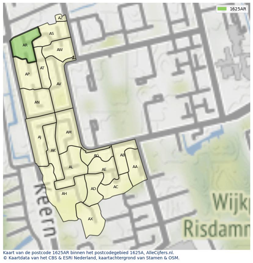 Afbeelding van het postcodegebied 1625 AR op de kaart.