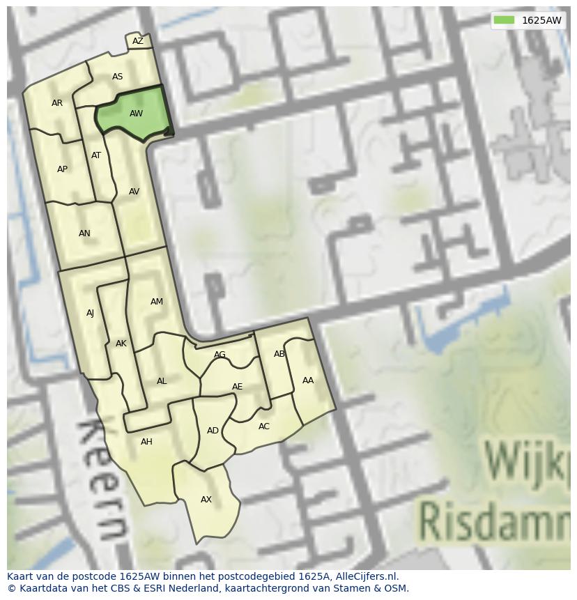 Afbeelding van het postcodegebied 1625 AW op de kaart.