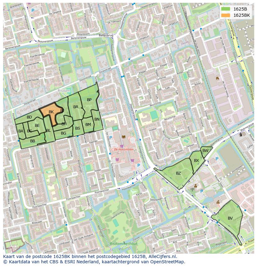 Afbeelding van het postcodegebied 1625 BK op de kaart.