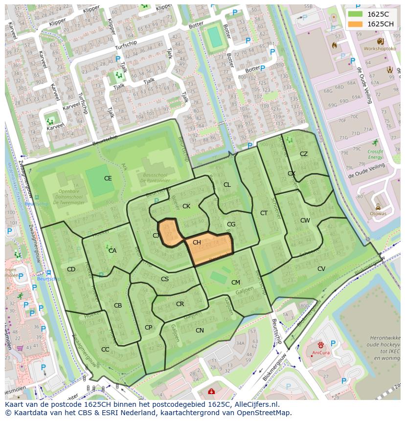 Afbeelding van het postcodegebied 1625 CH op de kaart.