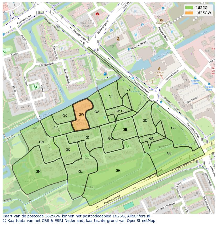 Afbeelding van het postcodegebied 1625 GW op de kaart.