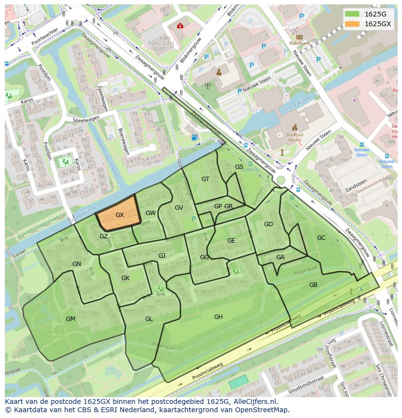 Afbeelding van het postcodegebied 1625 GX op de kaart.