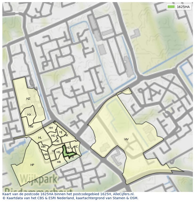 Afbeelding van het postcodegebied 1625 HA op de kaart.