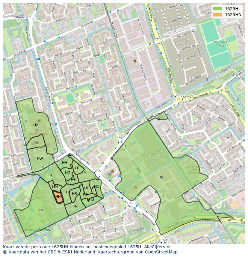 Afbeelding van het postcodegebied 1625 HN op de kaart.