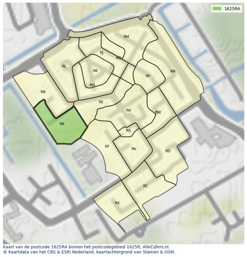 Afbeelding van het postcodegebied 1625 RA op de kaart.