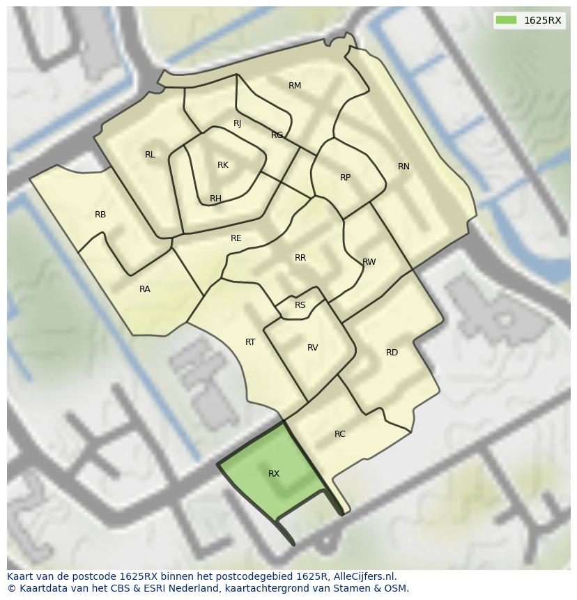 Afbeelding van het postcodegebied 1625 RX op de kaart.