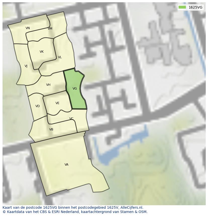 Afbeelding van het postcodegebied 1625 VG op de kaart.