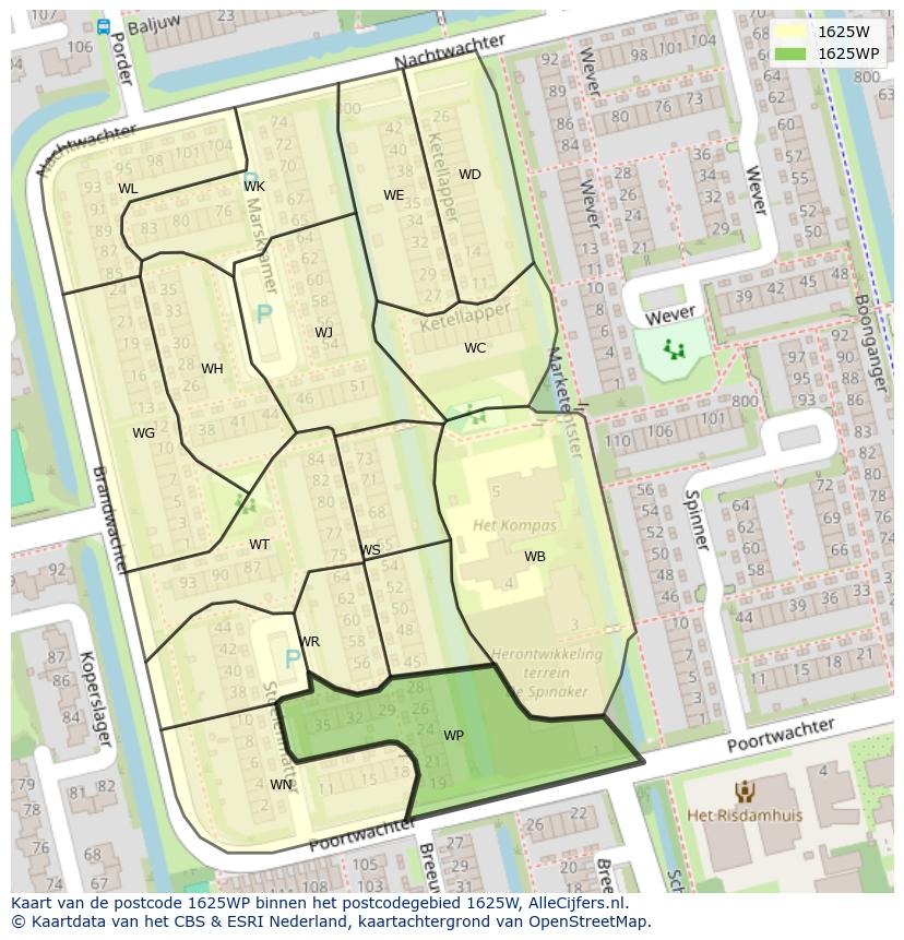 Afbeelding van het postcodegebied 1625 WP op de kaart.