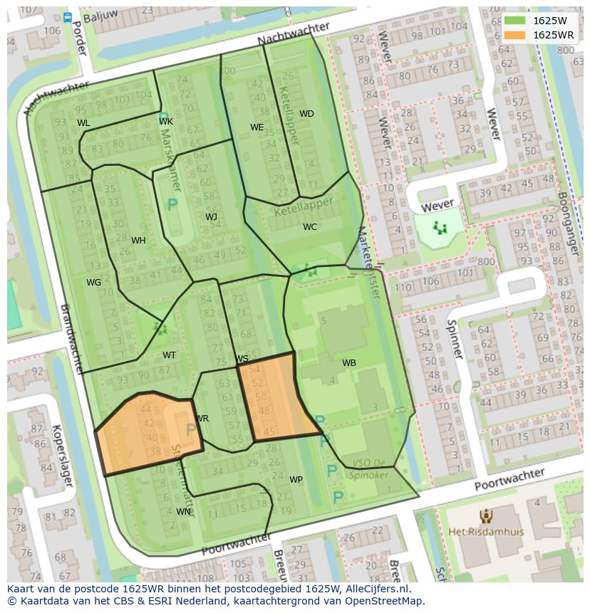 Afbeelding van het postcodegebied 1625 WR op de kaart.