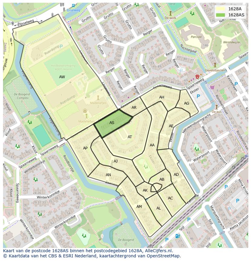 Afbeelding van het postcodegebied 1628 AS op de kaart.