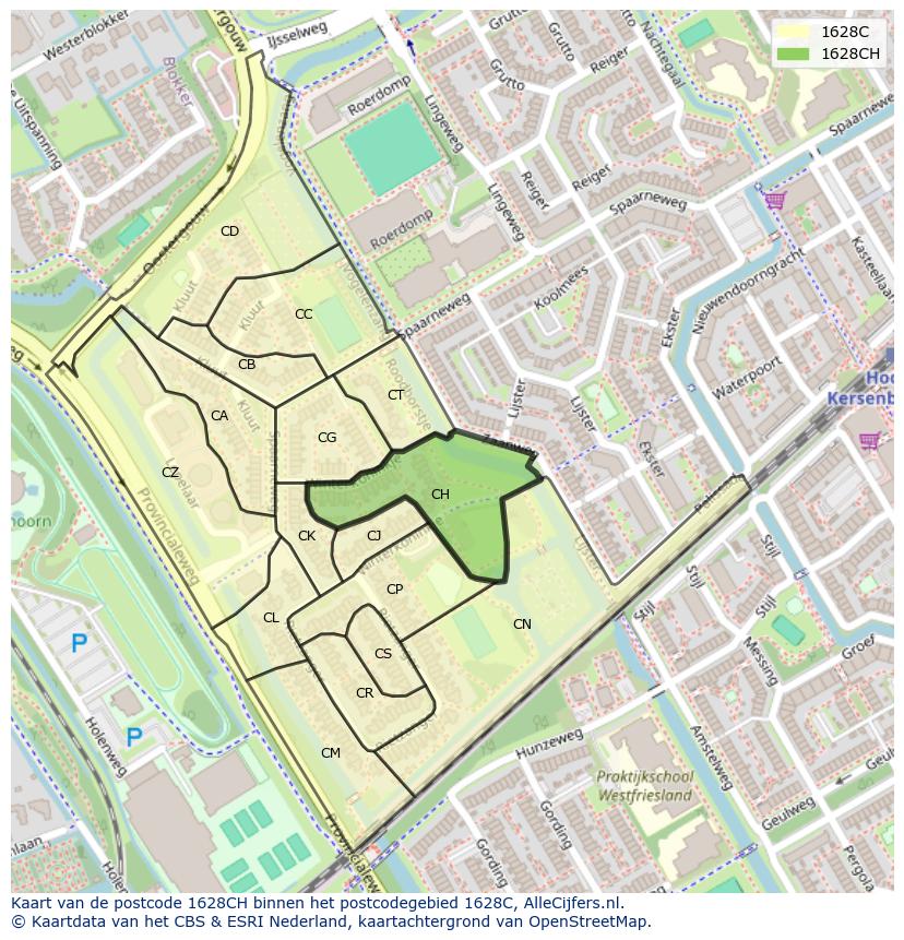 Afbeelding van het postcodegebied 1628 CH op de kaart.