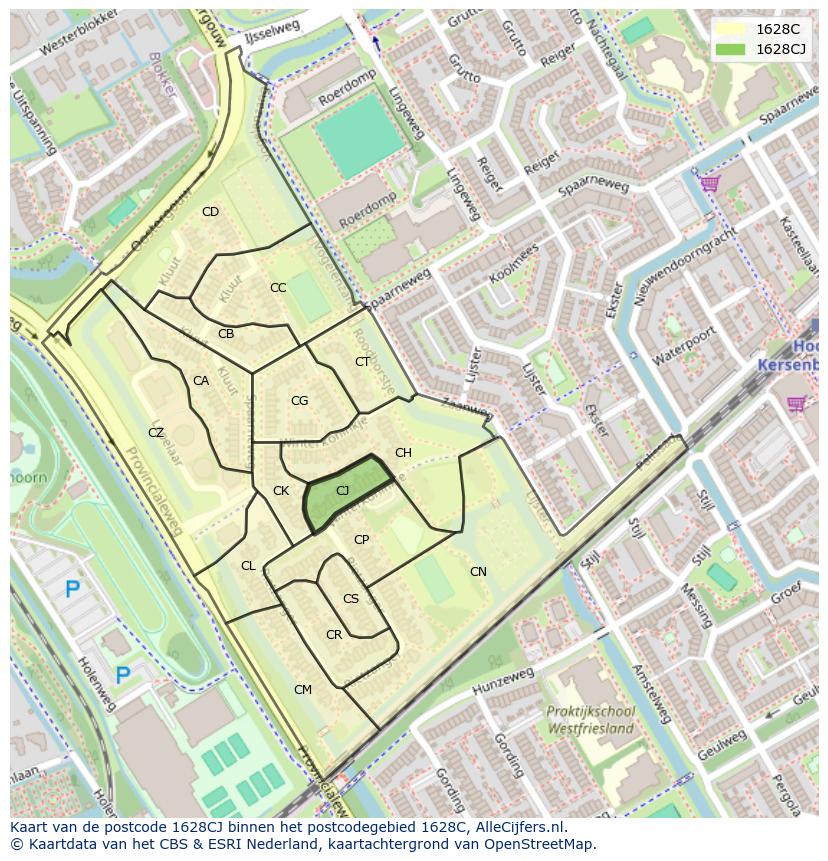 Afbeelding van het postcodegebied 1628 CJ op de kaart.