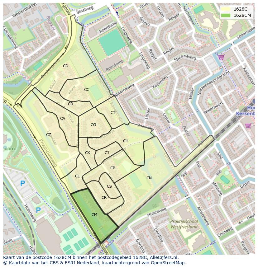 Afbeelding van het postcodegebied 1628 CM op de kaart.