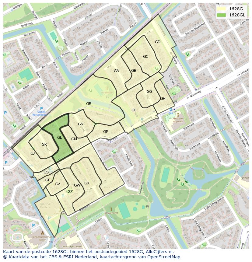 Afbeelding van het postcodegebied 1628 GL op de kaart.