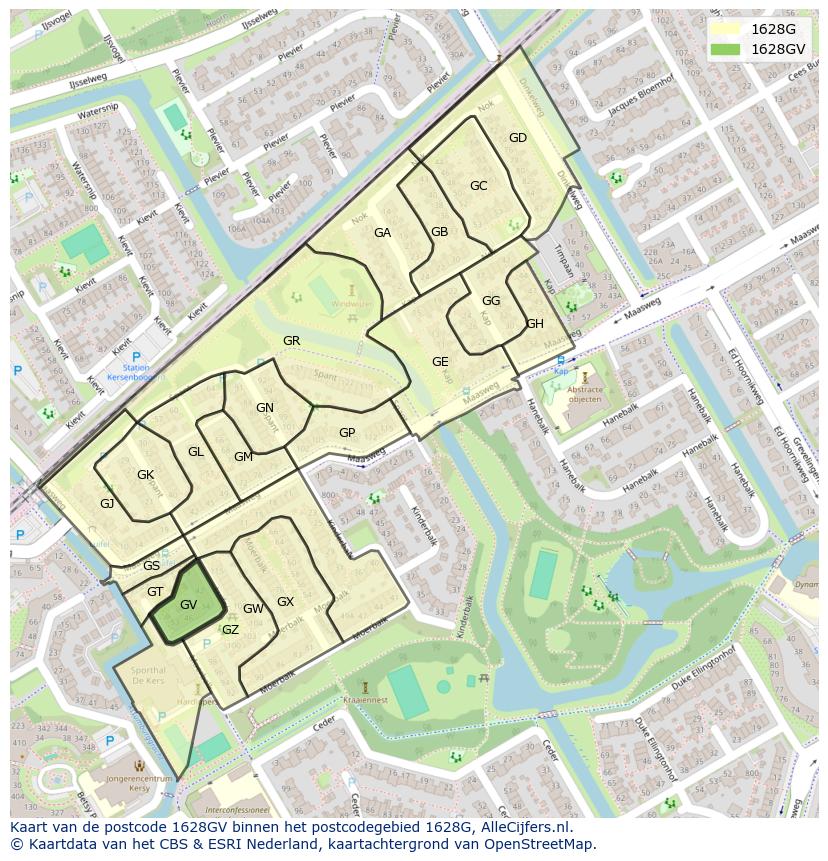 Afbeelding van het postcodegebied 1628 GV op de kaart.