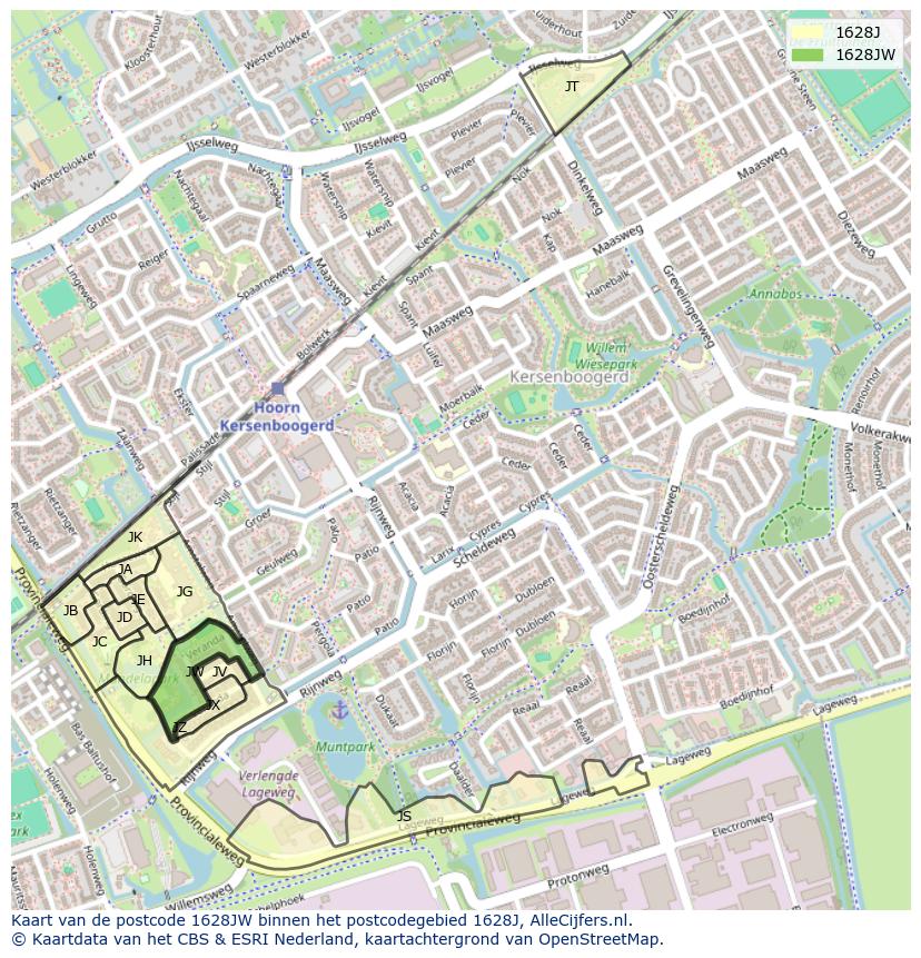 Afbeelding van het postcodegebied 1628 JW op de kaart.