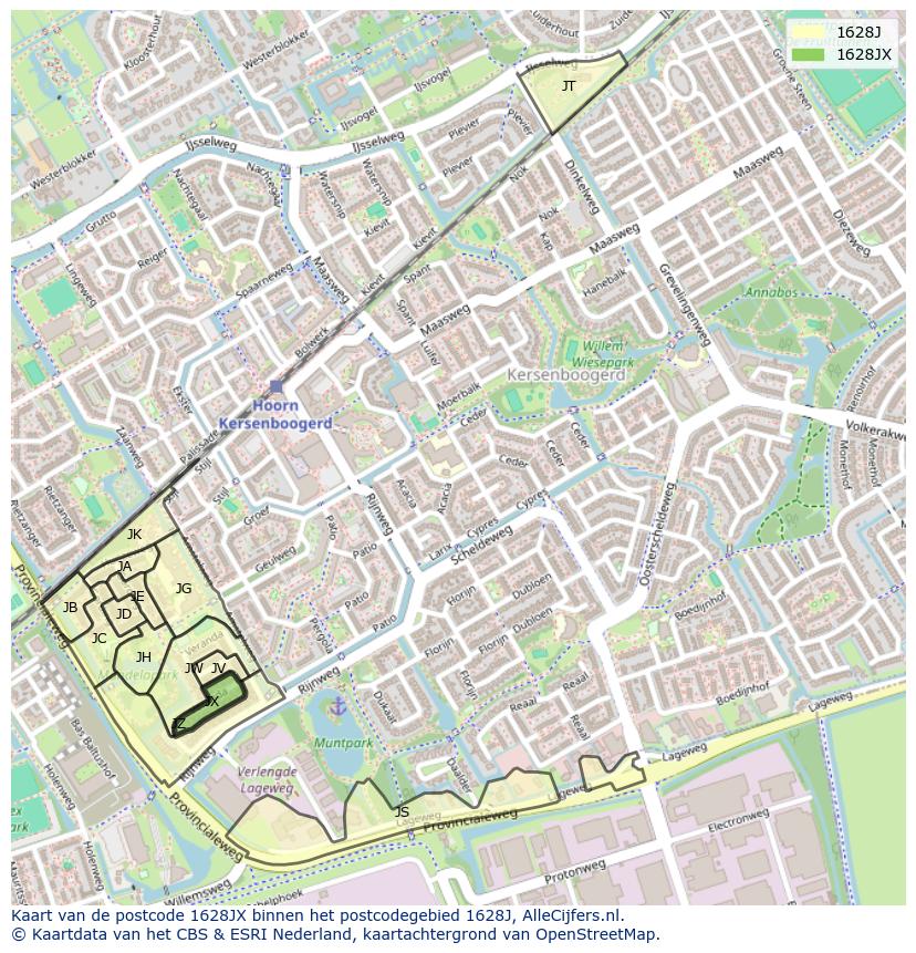 Afbeelding van het postcodegebied 1628 JX op de kaart.
