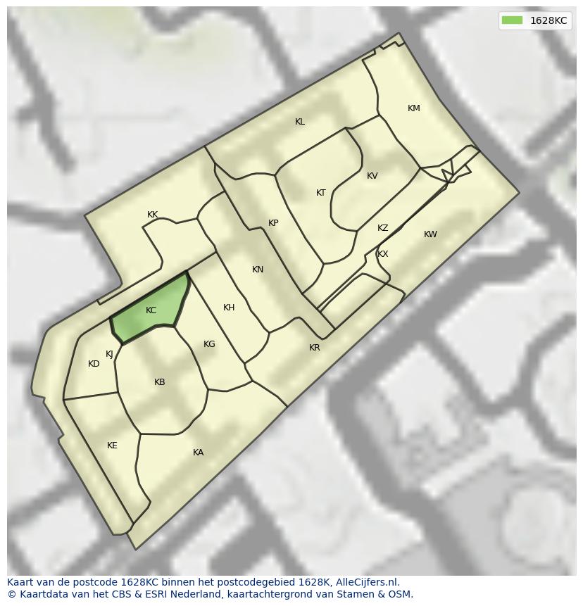 Afbeelding van het postcodegebied 1628 KC op de kaart.