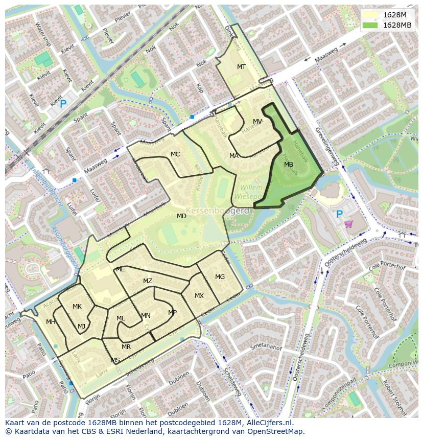 Afbeelding van het postcodegebied 1628 MB op de kaart.