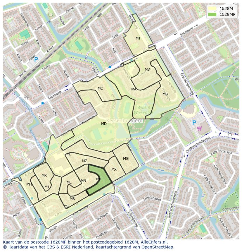 Afbeelding van het postcodegebied 1628 MP op de kaart.