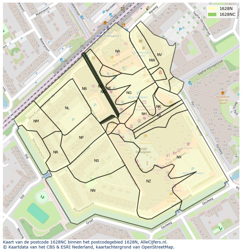 Afbeelding van het postcodegebied 1628 NC op de kaart.