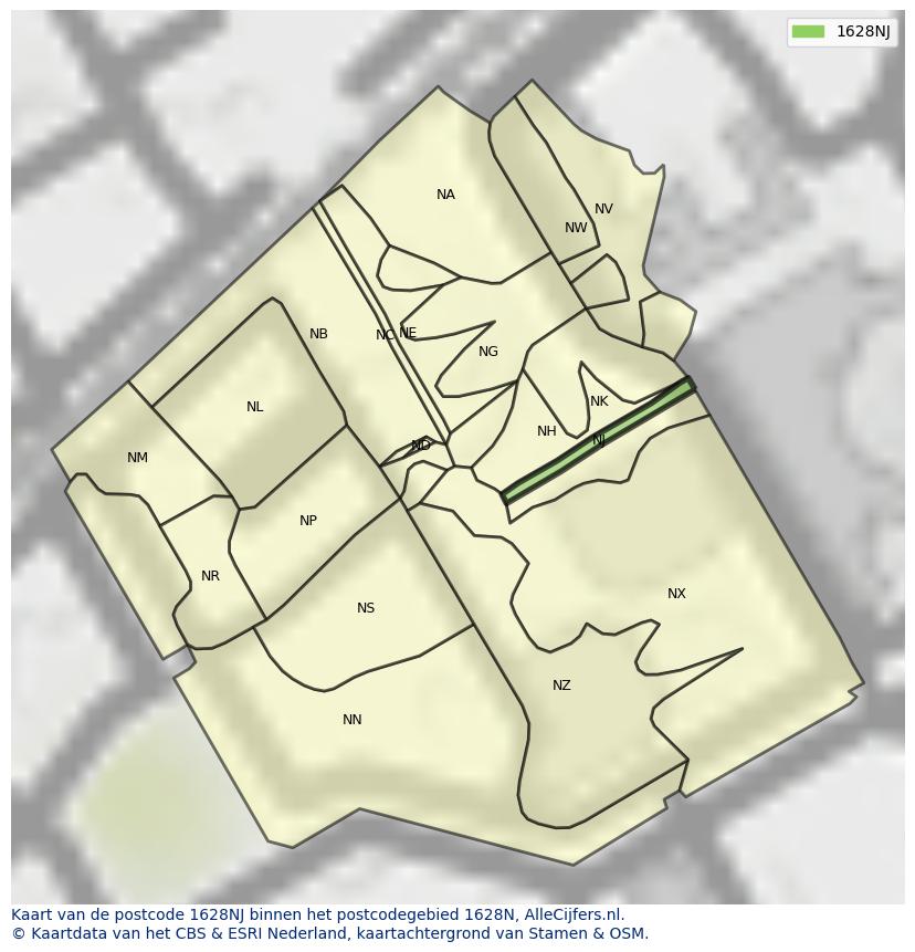 Afbeelding van het postcodegebied 1628 NJ op de kaart.